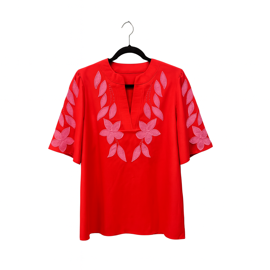 Red Embroidered Floral Top - M