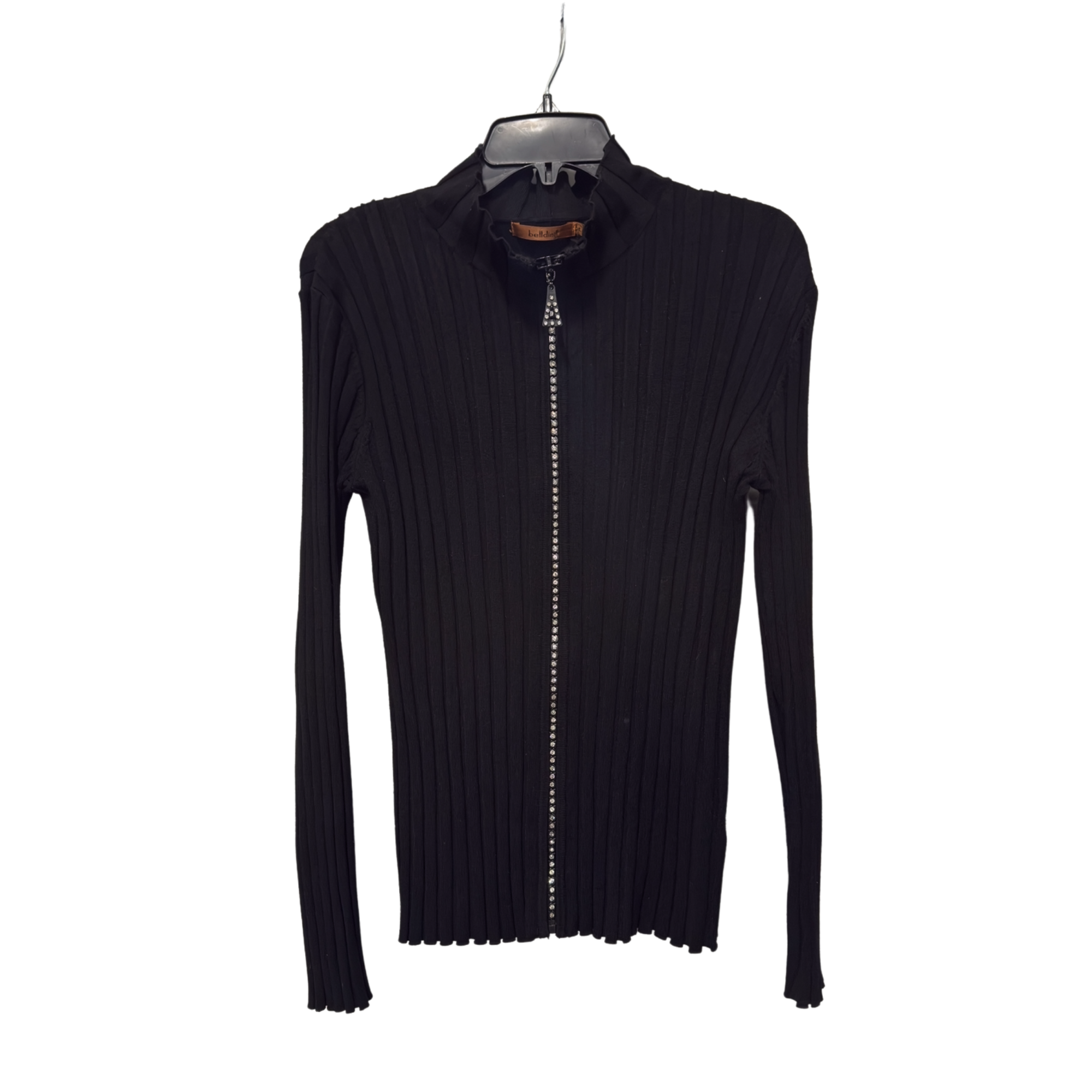 Belldini Ribbed Black Sweater with Rhinestone Studded Zipper – XL