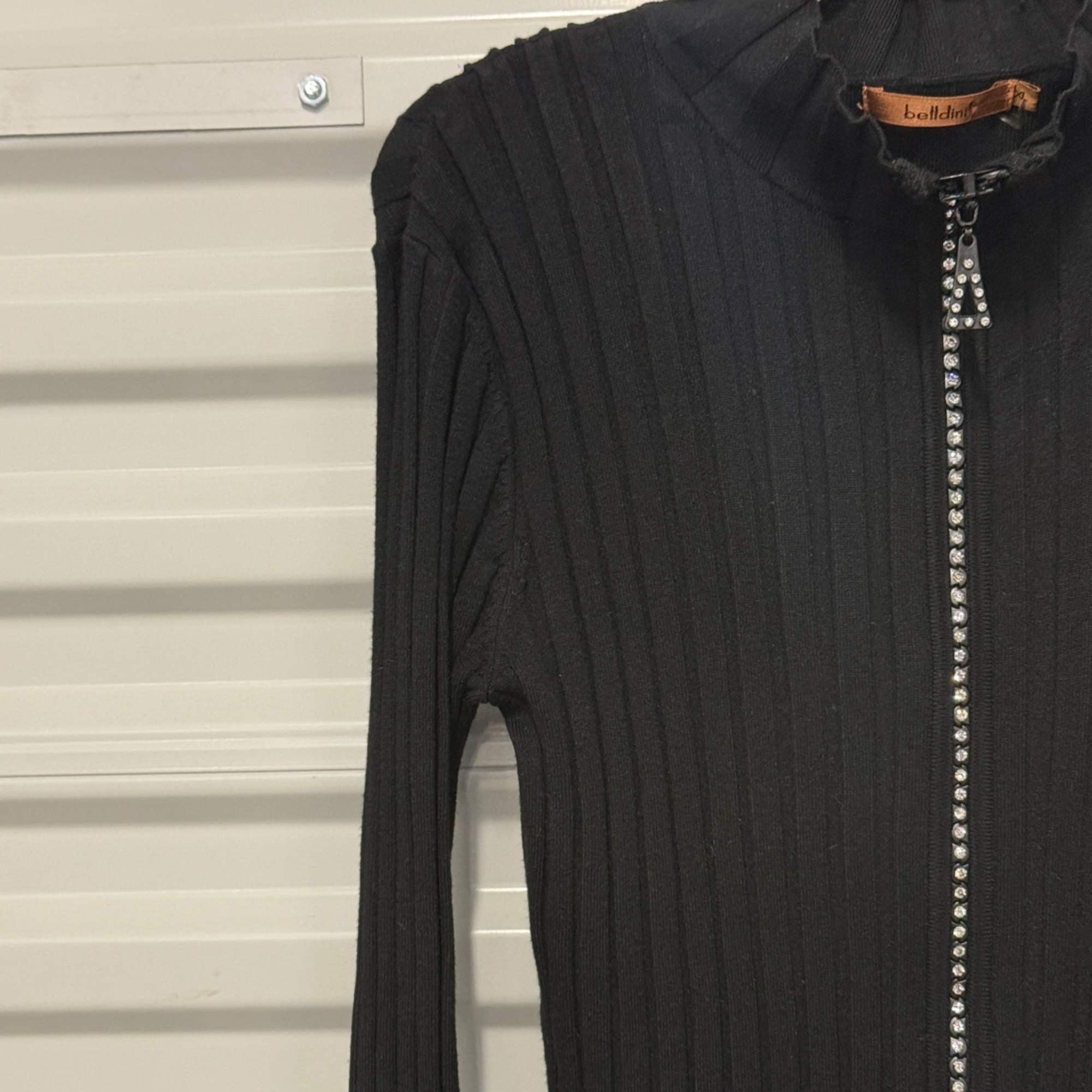 Belldini Ribbed Black Sweater with Rhinestone Studded Zipper – XL