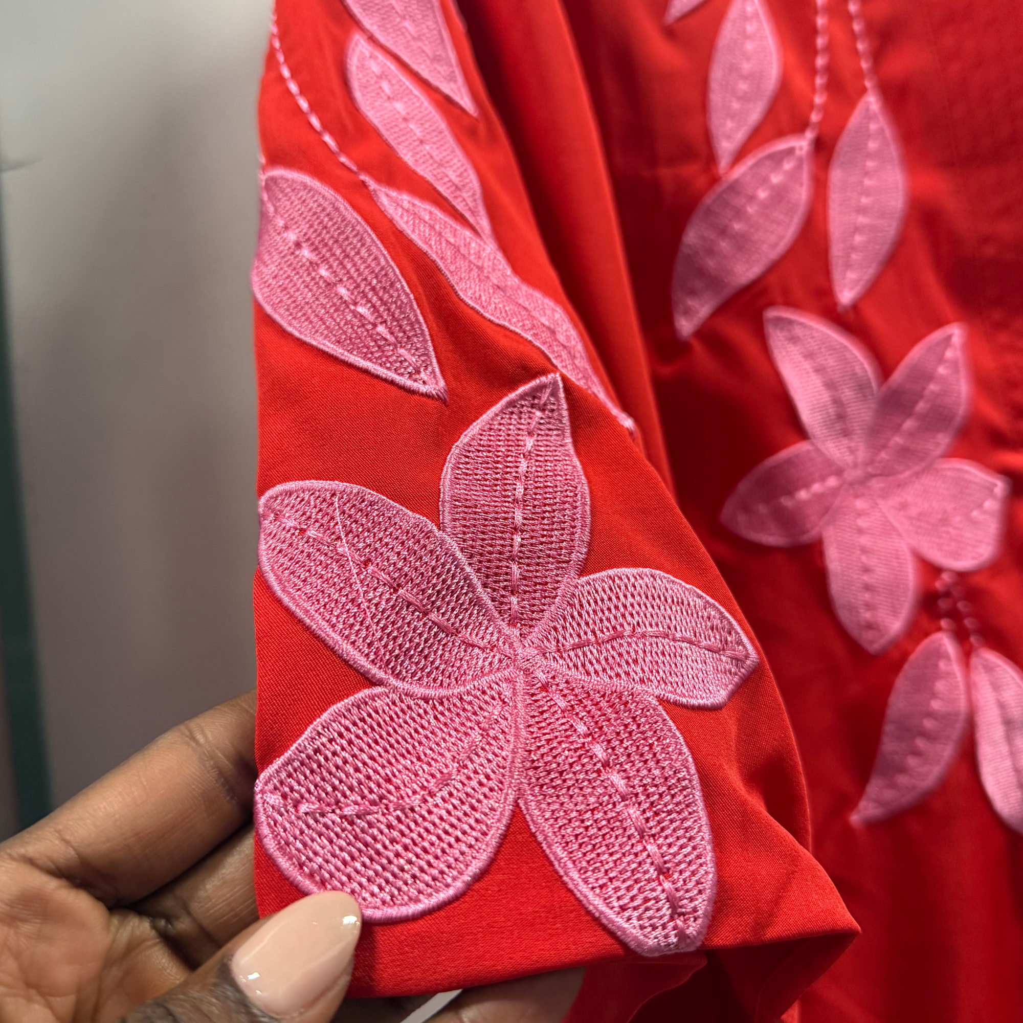 Red Embroidered Floral Top - M