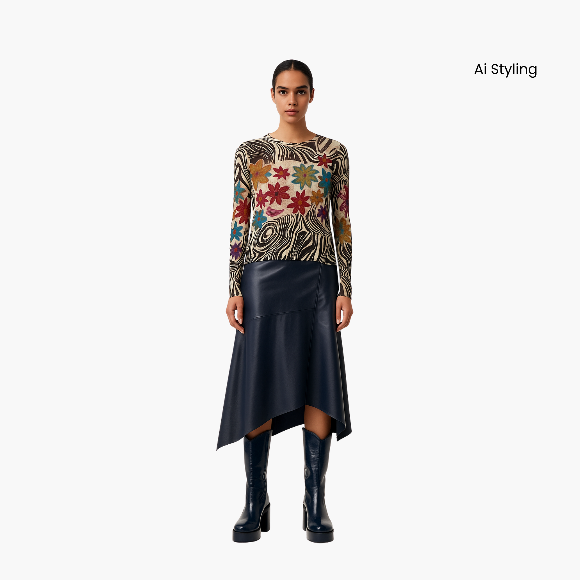 Azi Jeans Floral & Zebra Graphic Long Sleeve Shirt - L